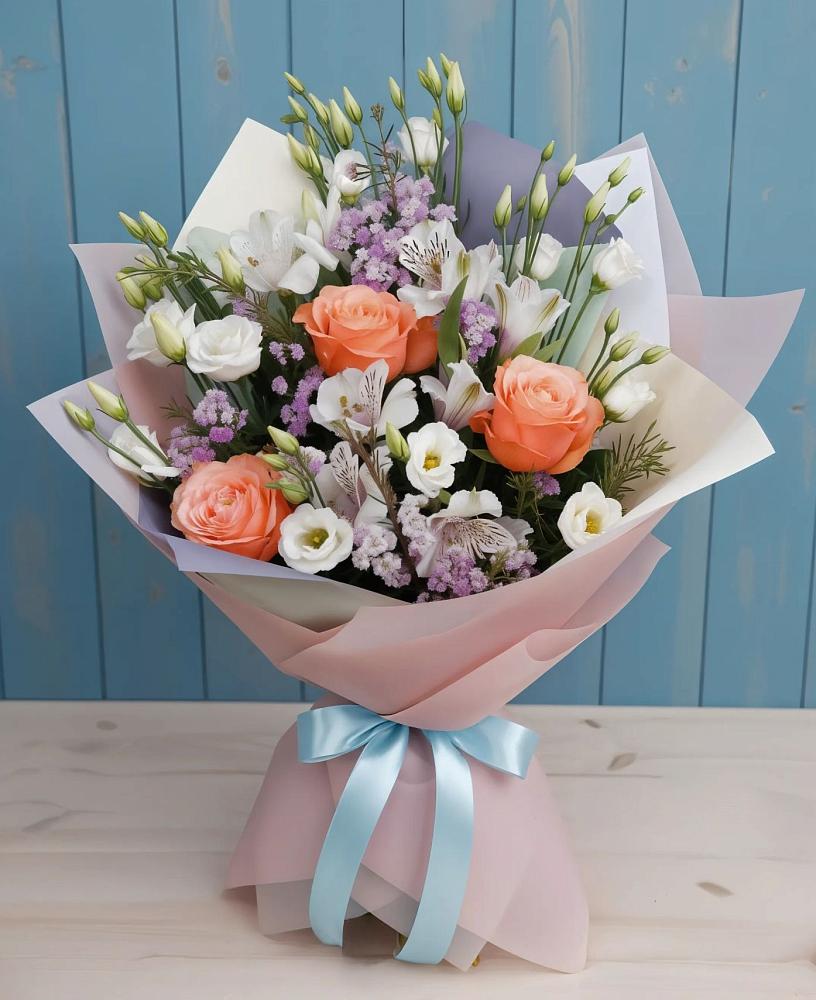 Букет цветов из: Лизиантусы, Розы, Альстромерии и Гипсофила в Сызрани